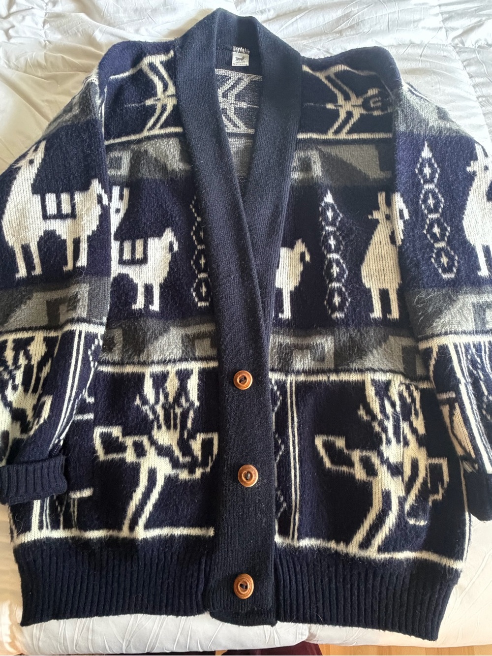 Navy Blue Peruvian Wool & Angora Cardigan Sweater with Wood Buttons 🦙🧵